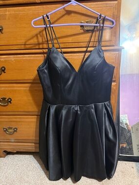 Black Satin V-Neck Spaghetti-Strap Mini Dress